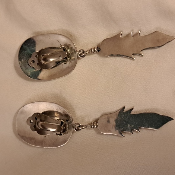 Mexican sterling feather style clip on earrings small tranglestone onyx - Picture 2 of 6